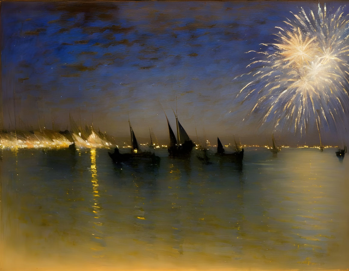 Sailboats on shimmering water with fireworks at dusk