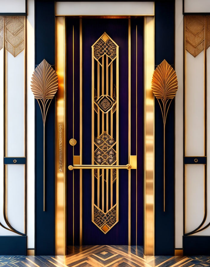 Intricate gold designs on black Art Deco elevator doors