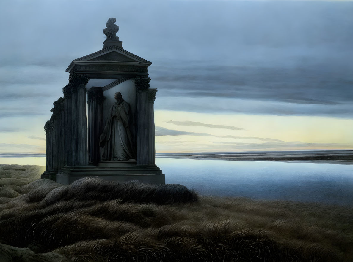 Ethereal painting of classical mausoleum at twilight