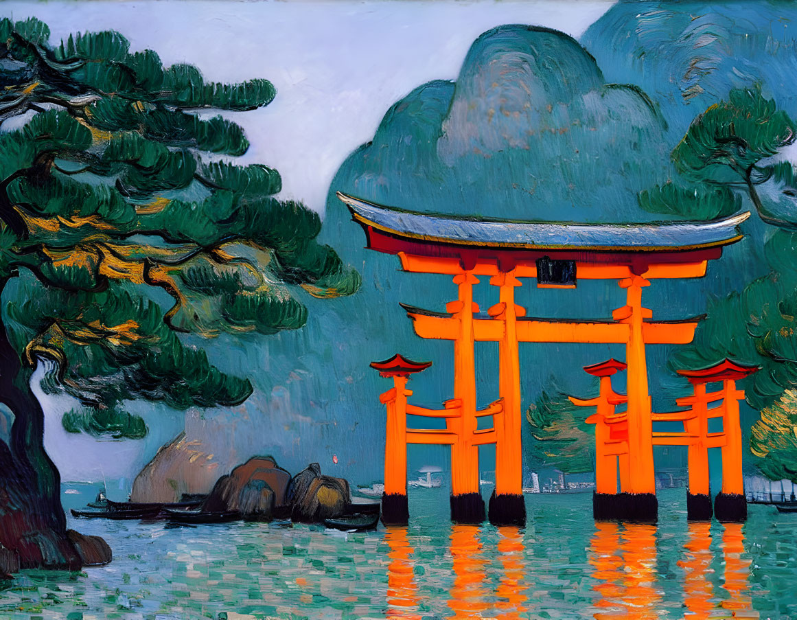 Scenic painting of orange torii gate in water with mountain backdrop