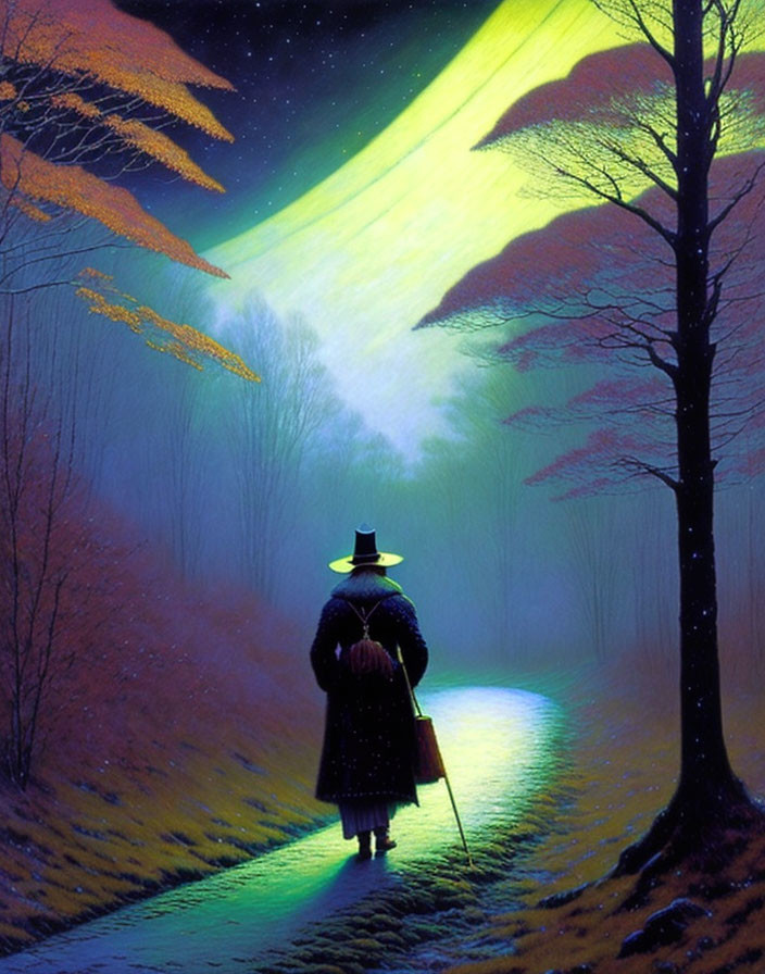 Person in Cloak and Hat on Forest Path under Aurora Sky with Staff