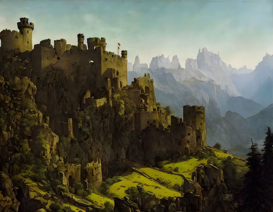 Ancient castle with towers in rugged mountain landscape