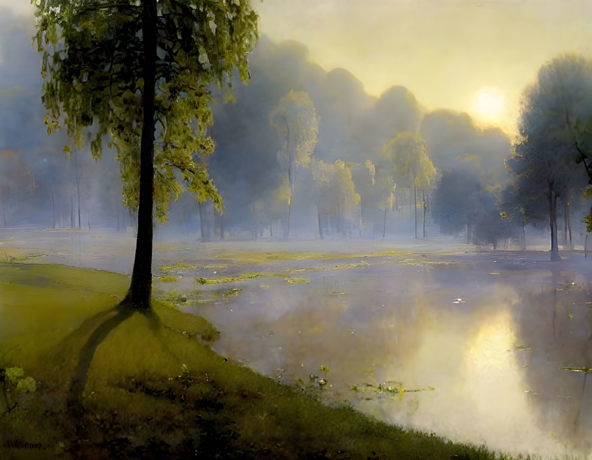 Misty Lake at Dawn with Sunlight and Tree