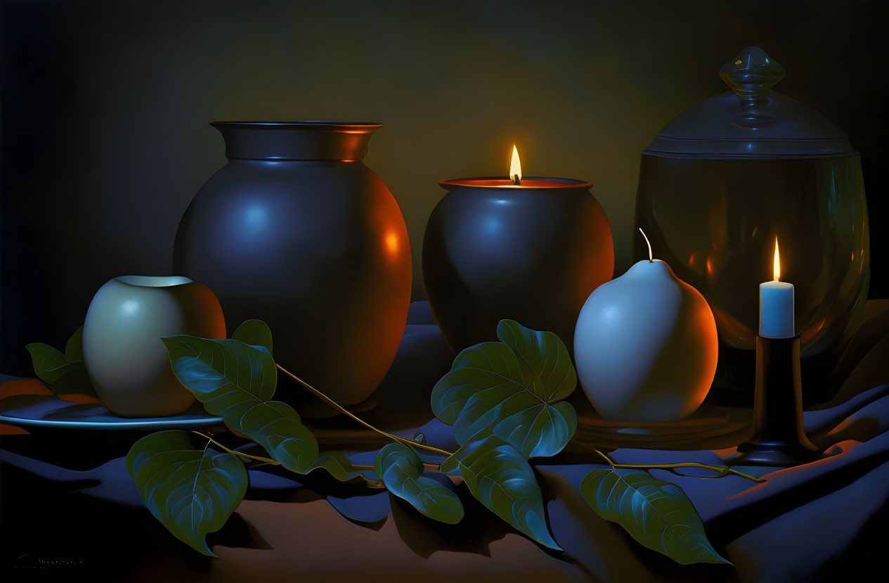 Still Life: Pots, Candle, Green Leaves on Dark Background