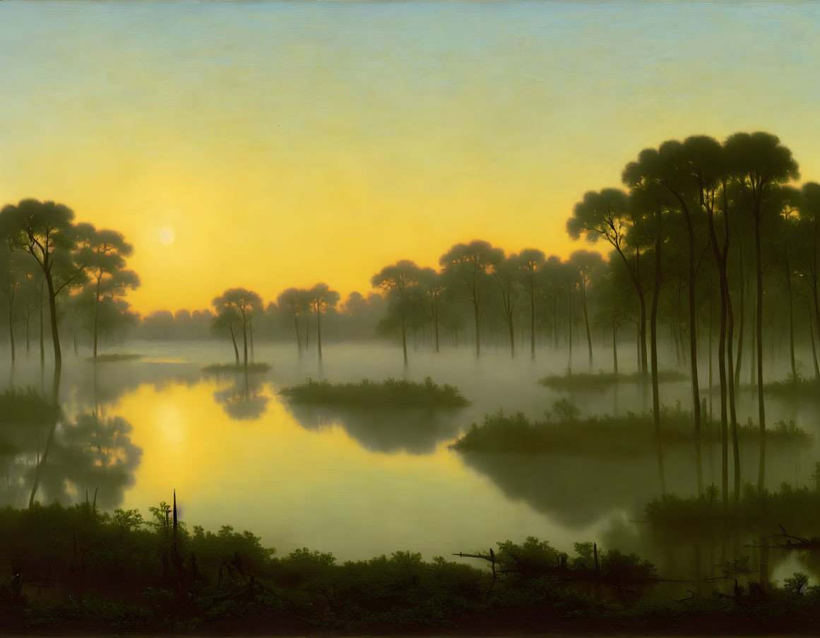 Tranquil sunrise landscape with misty lake and tall tree silhouettes