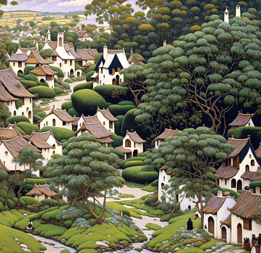 Whimsical village illustration with unique thatched roofs and oversized trees