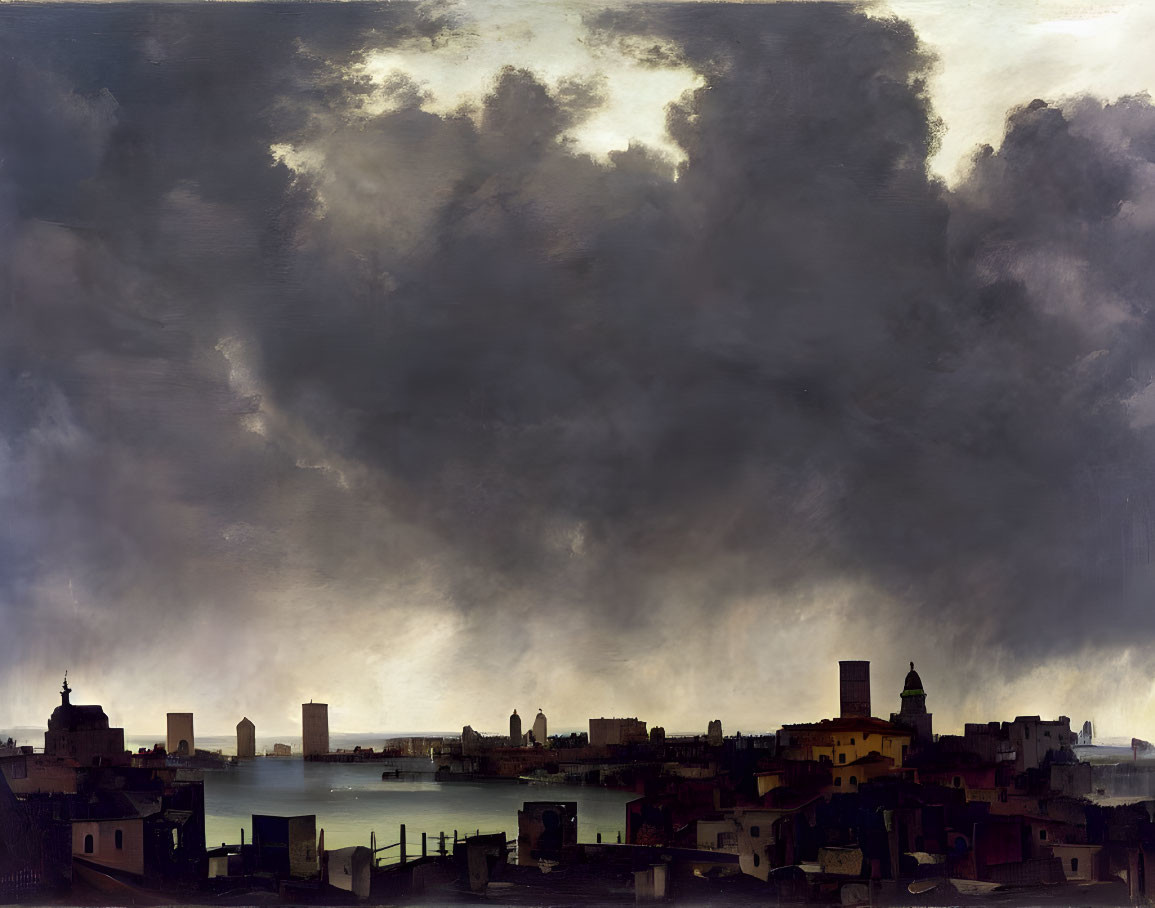 Panoramic city skyline painting with dramatic sky and silhouetted buildings