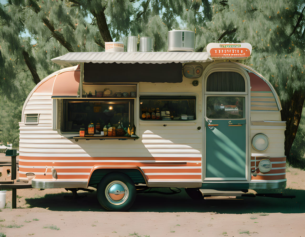 Classic Food Truck with Open Window and Sign, Parked Under Trees