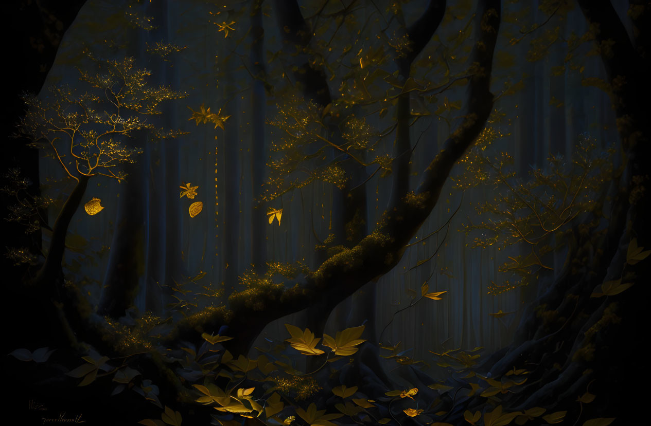 Mystical forest scene: glowing golden leaves, dark tree trunks