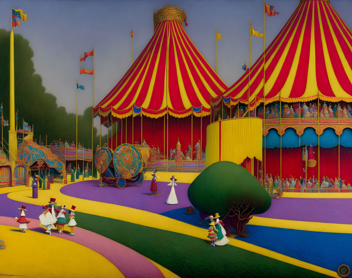 Colorful circus scene with tents, characters, and merry-go-round