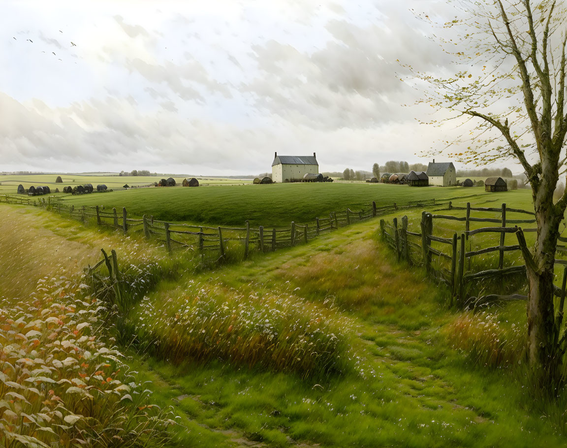 Green fields, wooden fence, farmhouses, overcast sky, birds in rural landscape