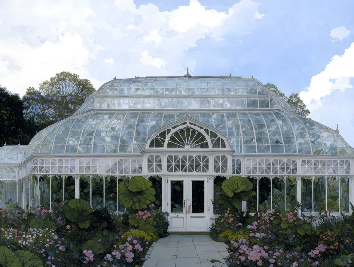 Glass Greenhouse Surrounded by Flowering Plants and Cloudy Sky