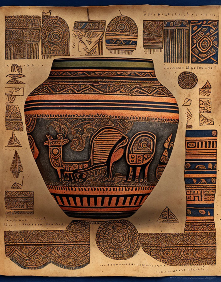 Ancient Greek vase featuring geometric patterns and mythological creature on parchment-like background