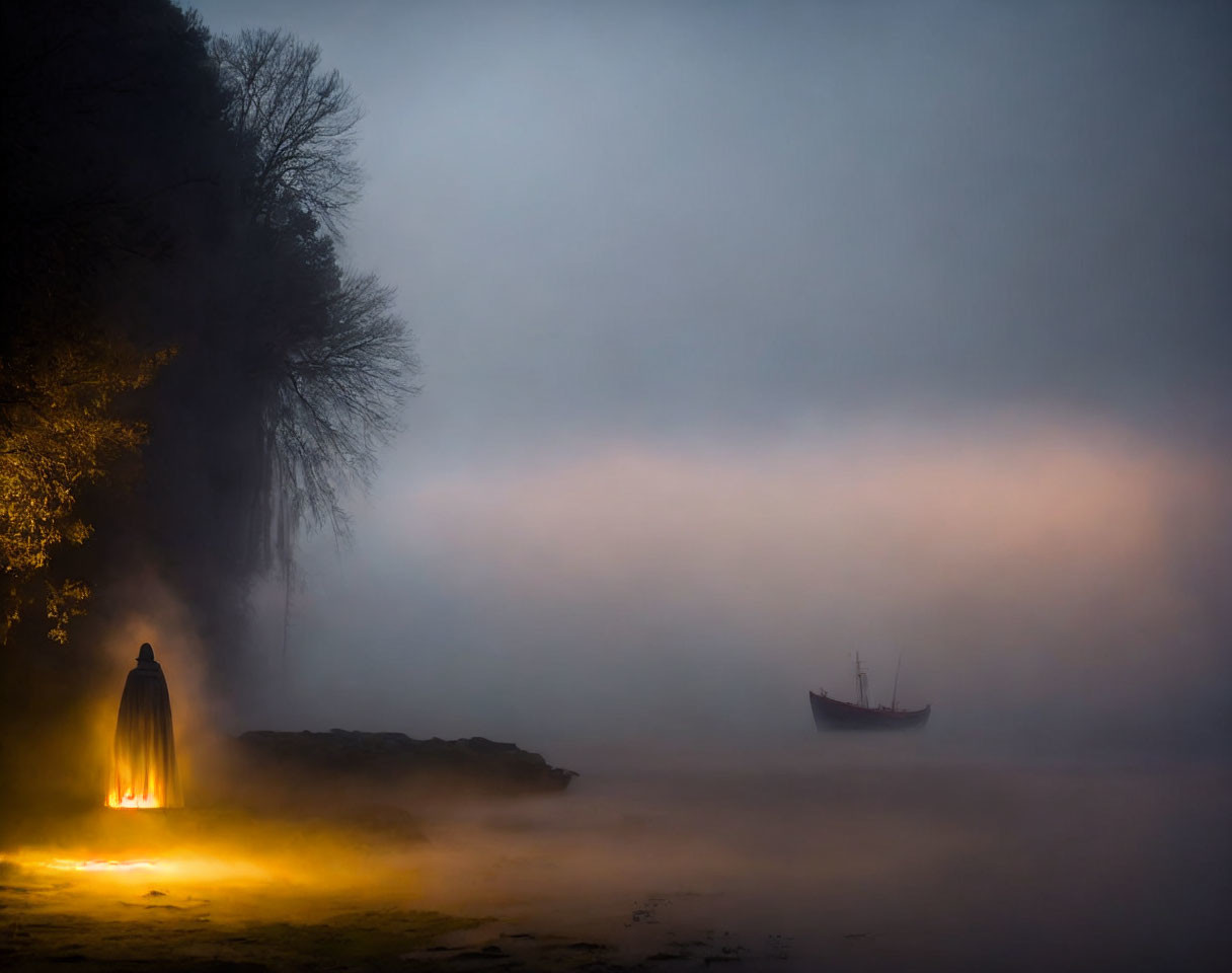 Silhouette of person by glowing light on misty riverbank with boat in fog