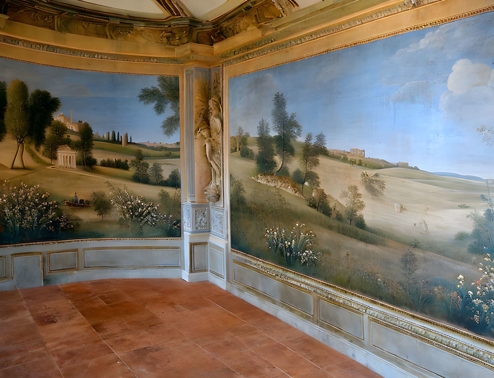 Panoramic wall murals of rolling hills, trees, and skies in elegant room