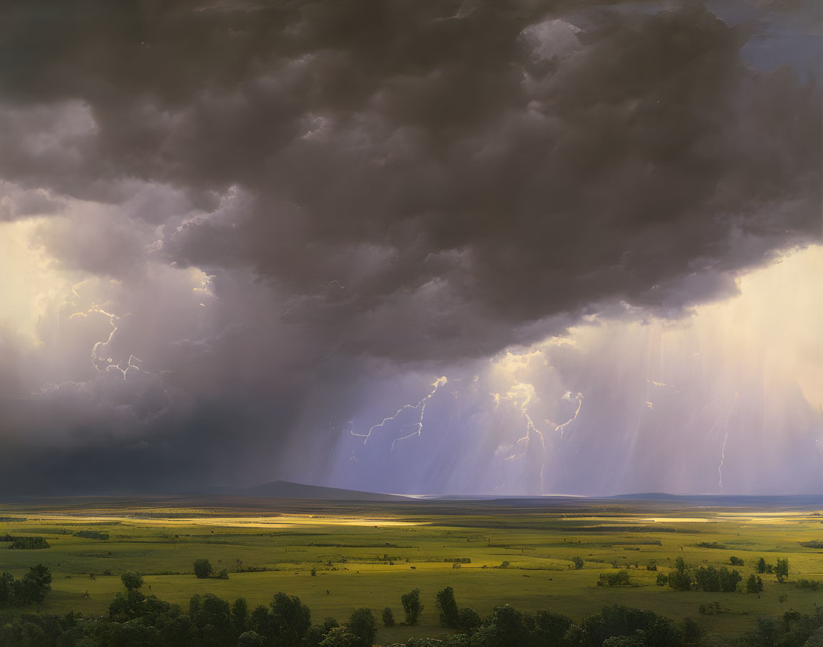 Stormy Sky with Lightning Strikes over Green Landscape