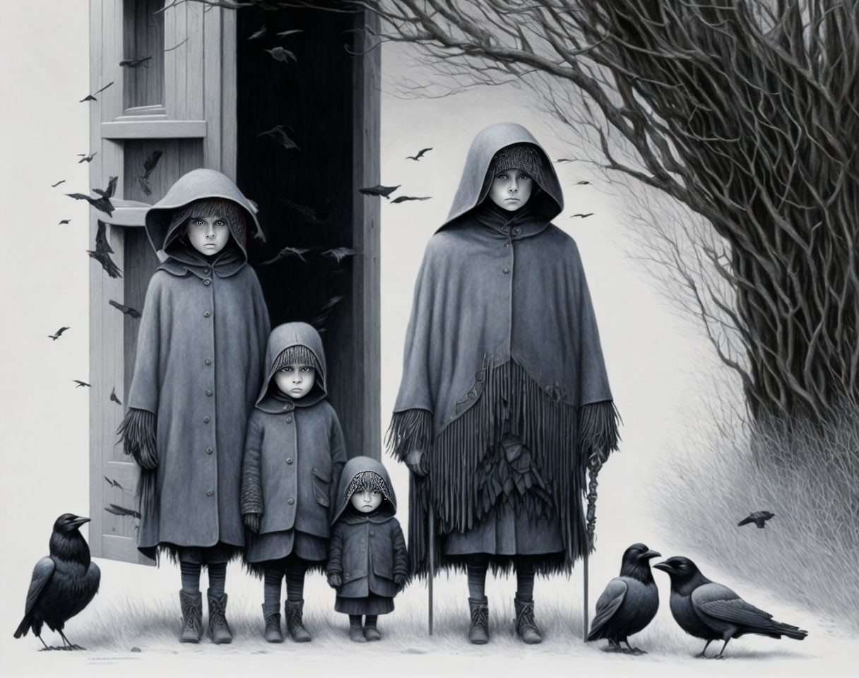 Four cloaked figures among crows in eerie setting.