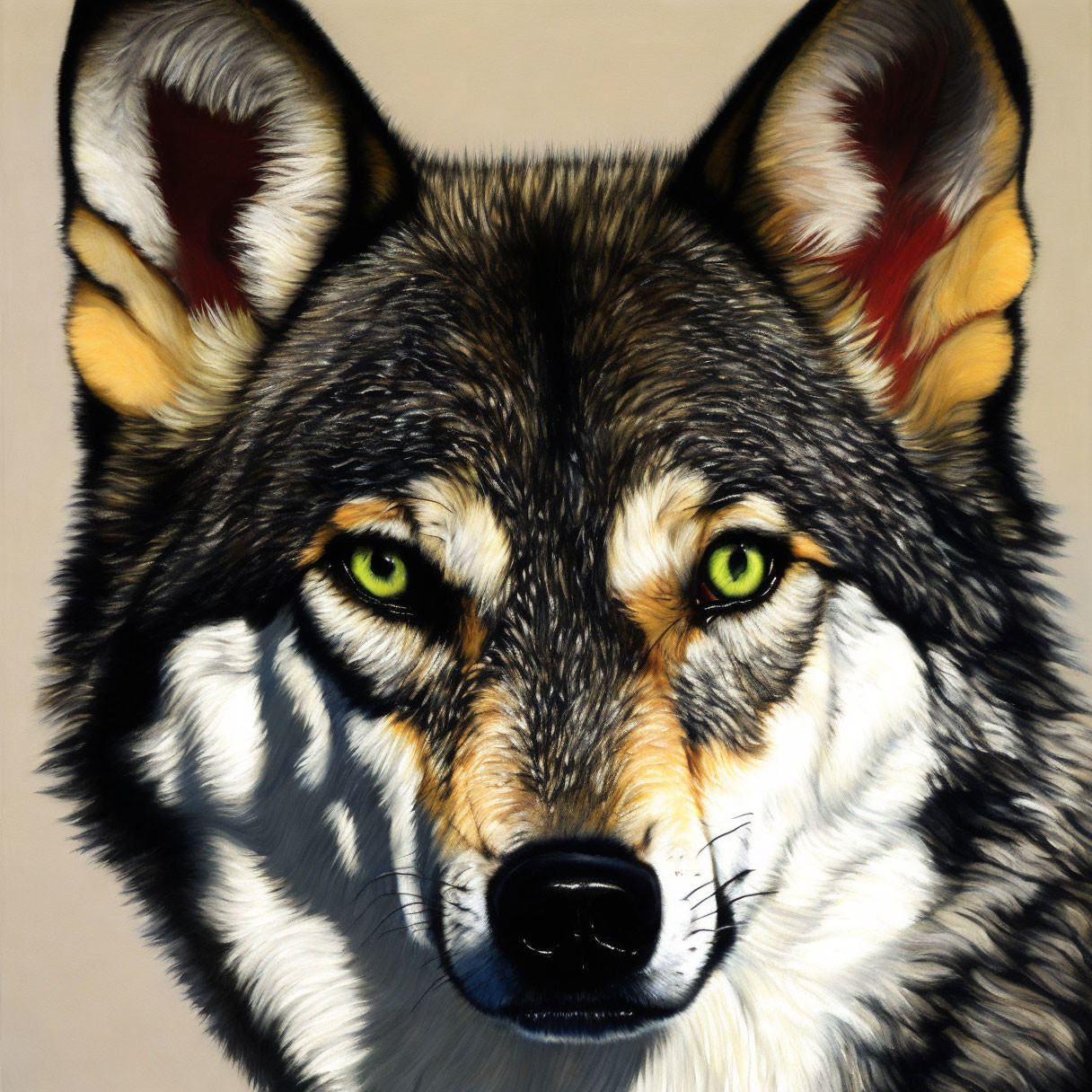 Detailed painting: Wolf's face with green eyes, grey, black, brown fur on neutral background