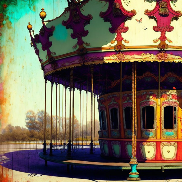 Deserted vintage carousel with ornate details and vibrant colors in tranquil outdoor setting