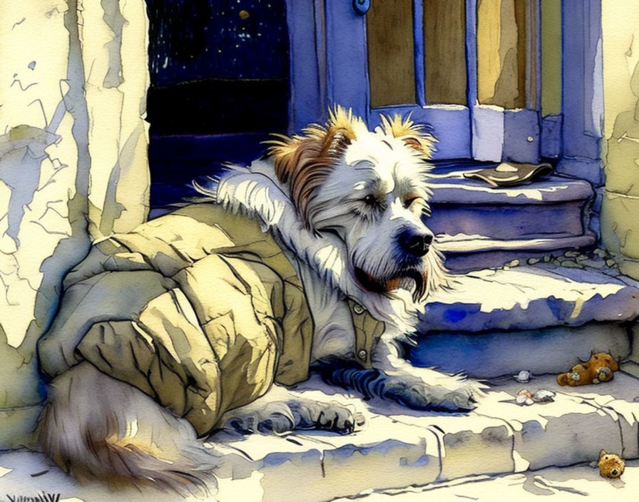 Fluffy Dog in Vest Relaxing by Blue Door