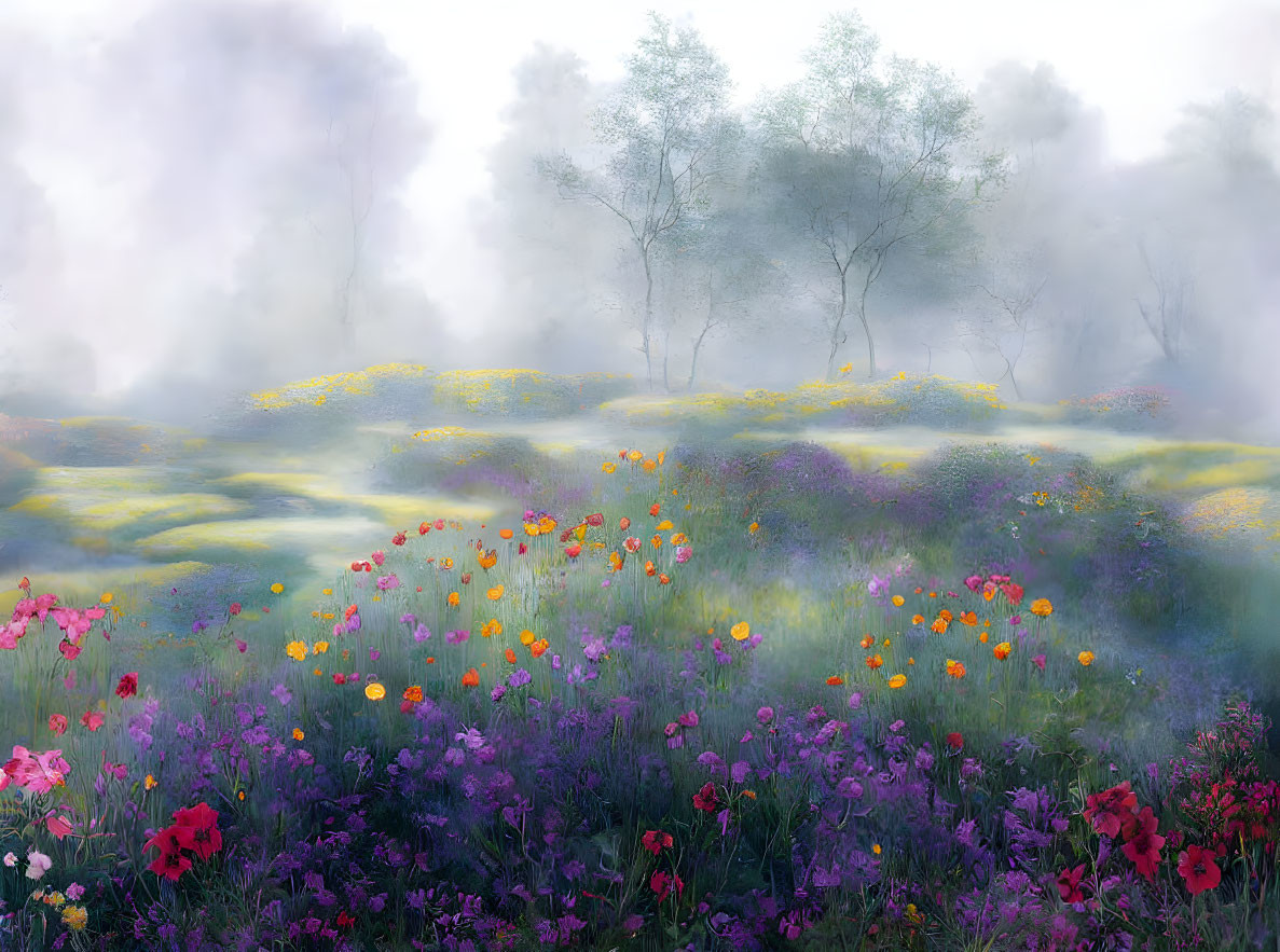 Colorful wildflowers and misty trees in dreamlike landscape