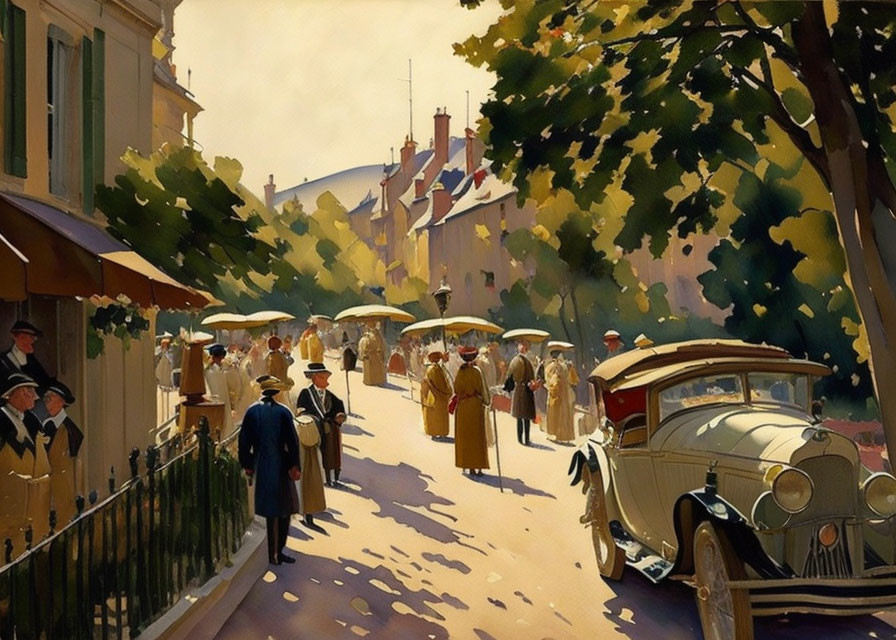 Early 20th-Century Street Scene with Vintage Car and People under Trees