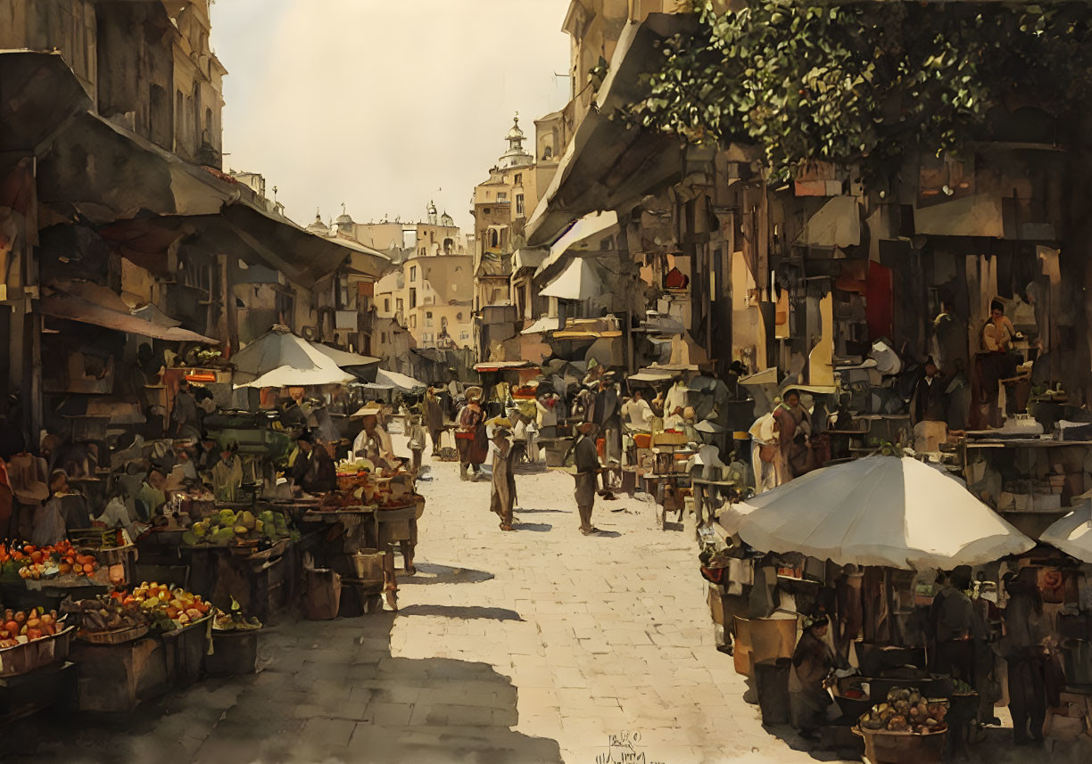 Busy Market Street with Fruit Stalls and Umbrellas