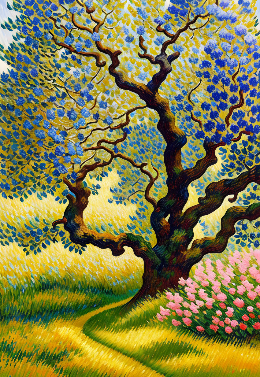 Colorful painting of twisted tree with blue foliage on grassy field with pink flowers under yellow sky