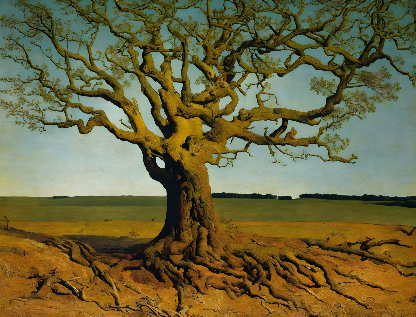 Detailed painting of gnarled tree against clear sky & horizon