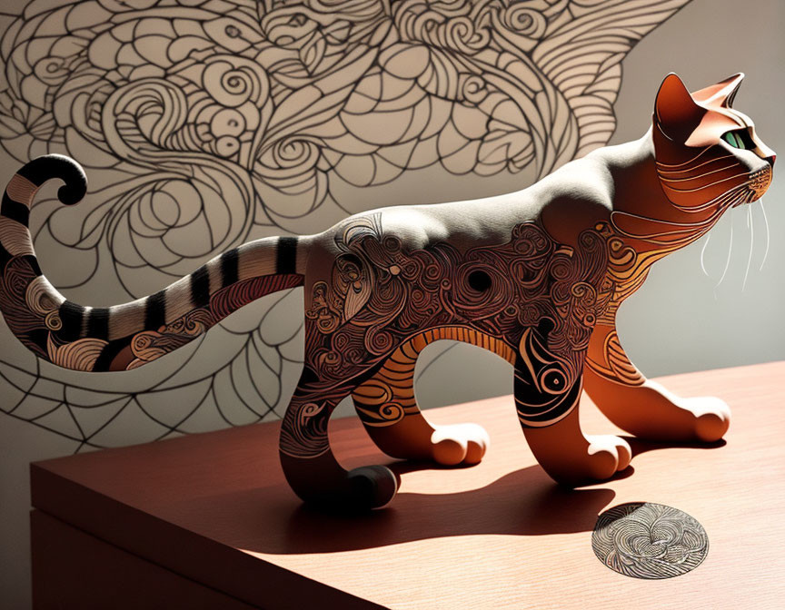 Intricate patterned cat walking on ledge with floral shadow