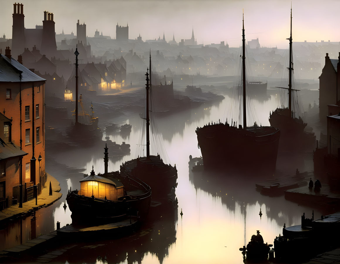 Misty Harbor at Dawn with Tall Ships and Glowing Lights