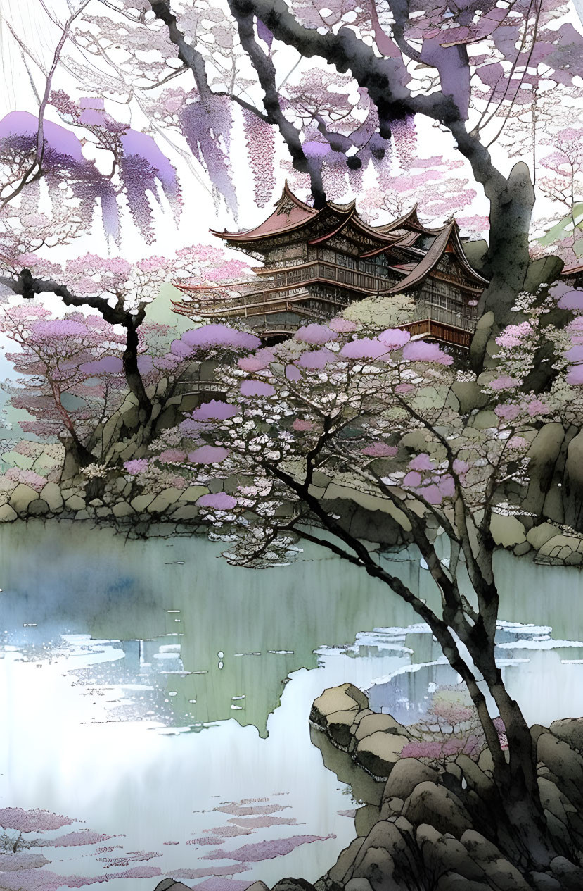 Traditional Asian Pagoda Surrounded by Cherry Blossoms and Serene Lake