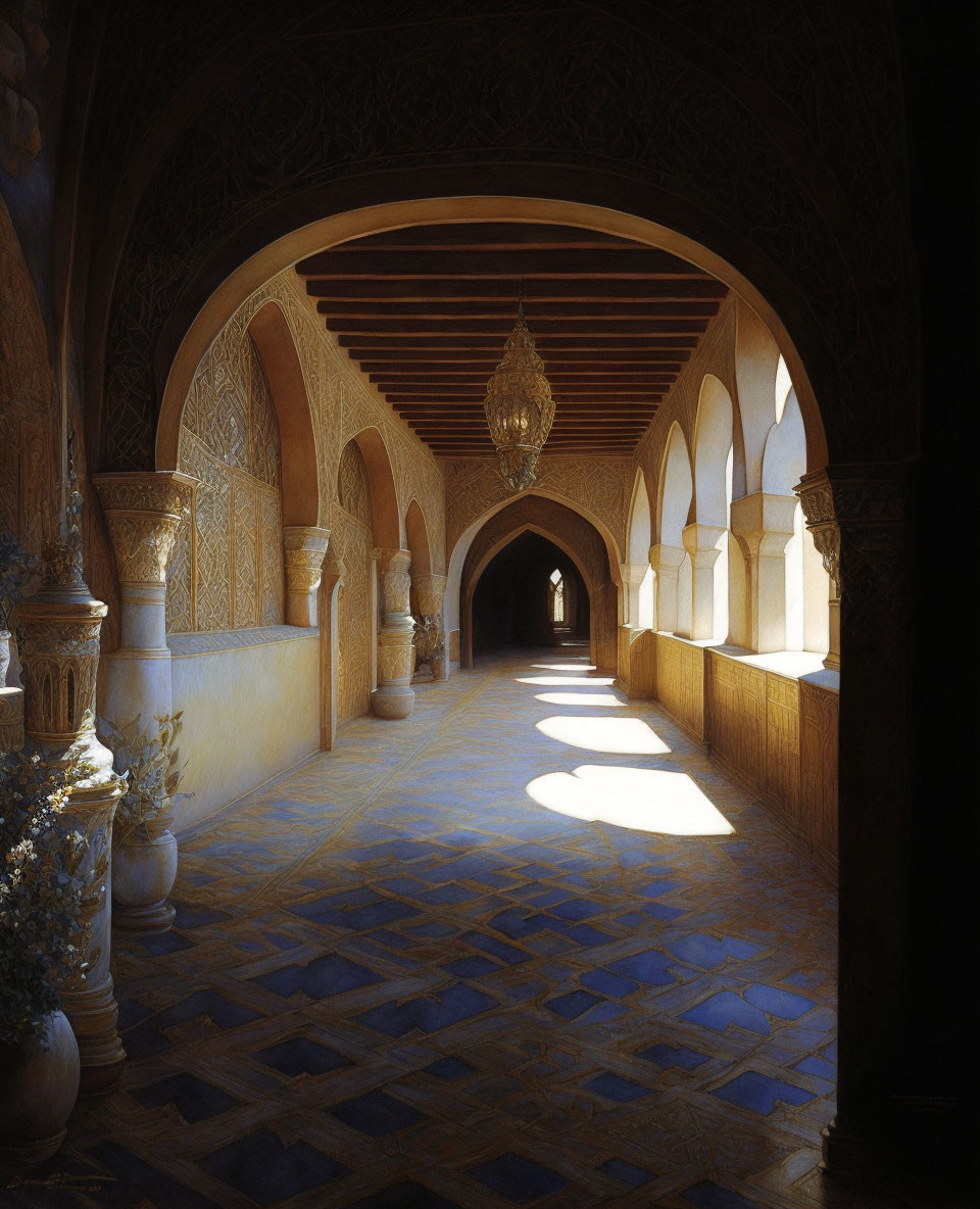 Intricate Arched Hallway with Sunlit Patterns