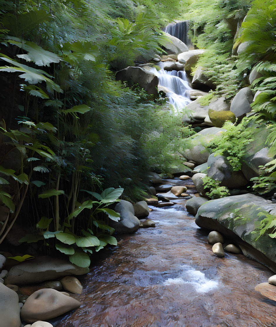 Tranquil forest stream surrounded by lush greenery