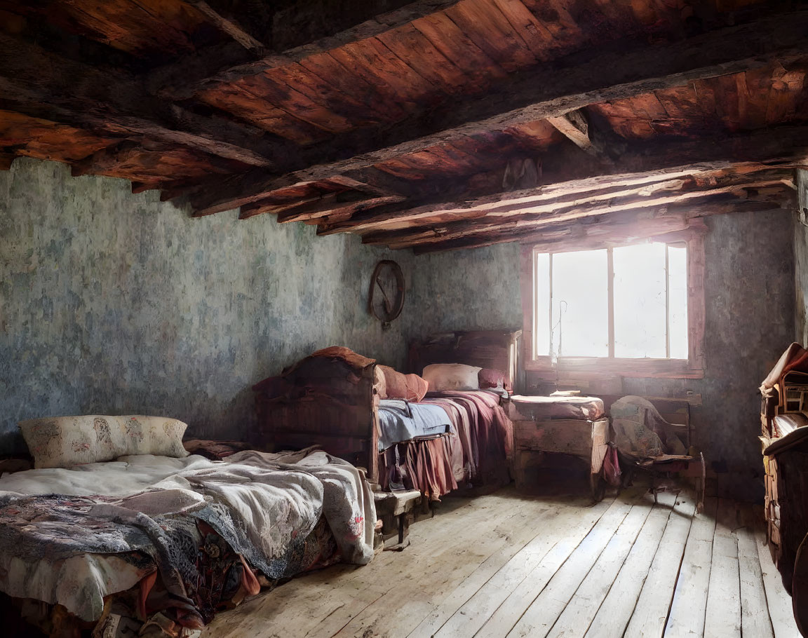 Unmade beds, worn furniture, wooden beams in rustic attic bedroom