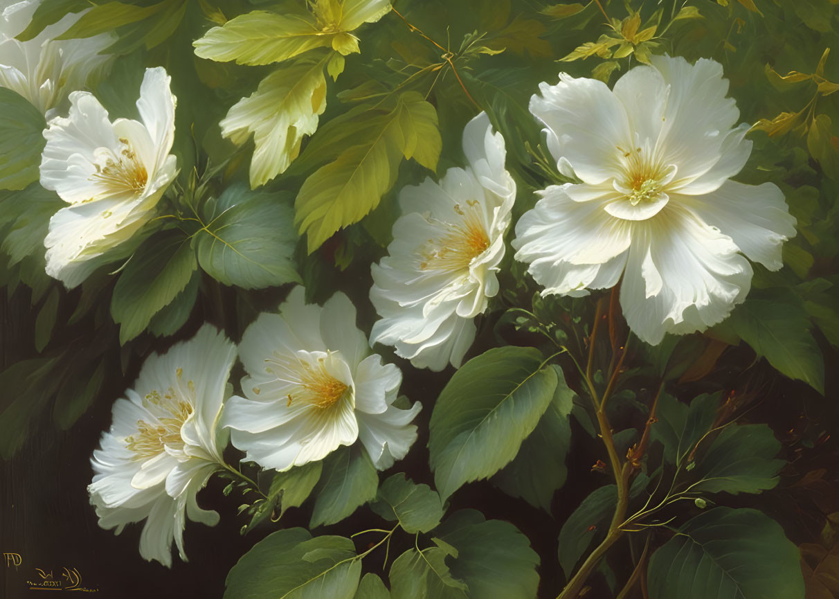 Realistic White Flowers with Yellow Stamens in Green Foliage