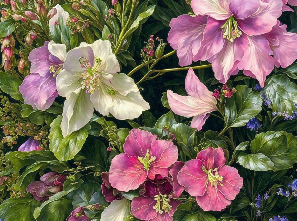 Colorful Pink and White Floral Blossoms with Green Foliage