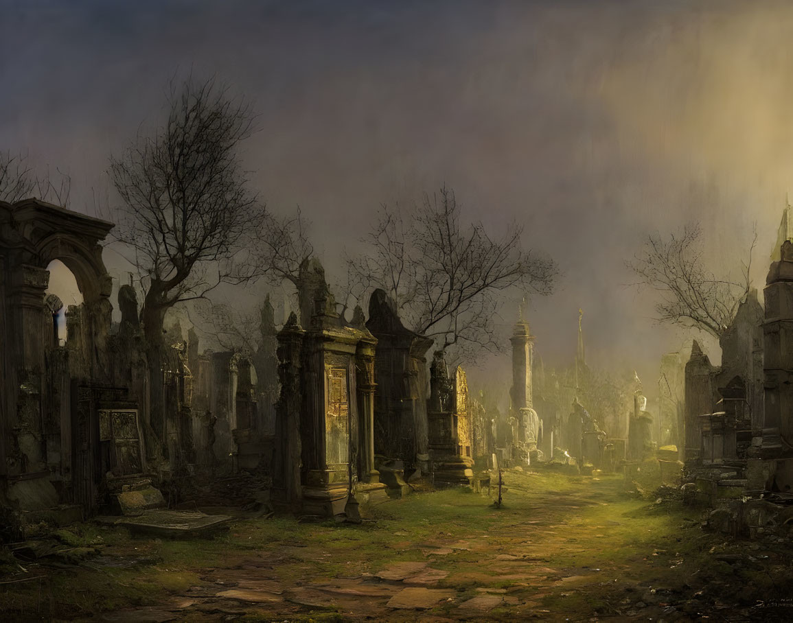 Misty cemetery scene with ornate tombstones and leafless tree