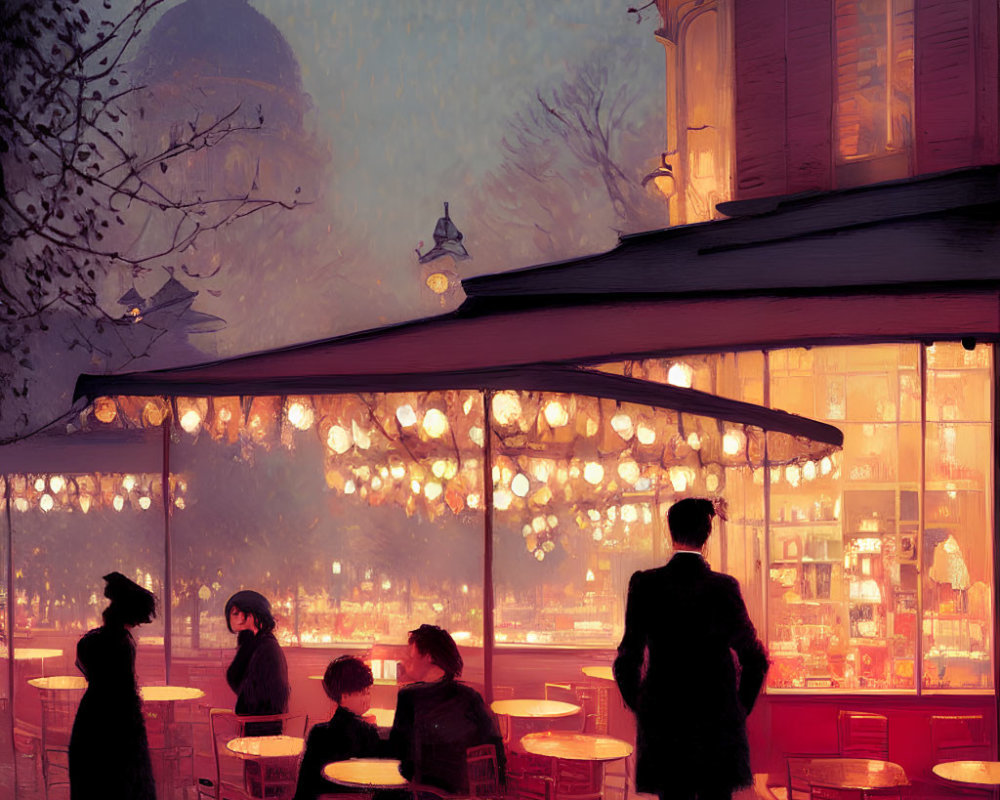 Cozy Cafe Terrace Scene with Warm Golden Lights