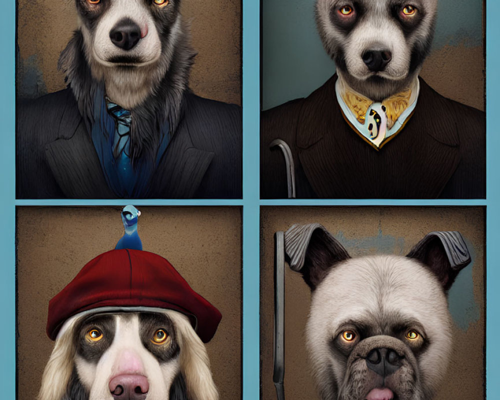 Anthropomorphic dogs in suits with unique outfits and expressions