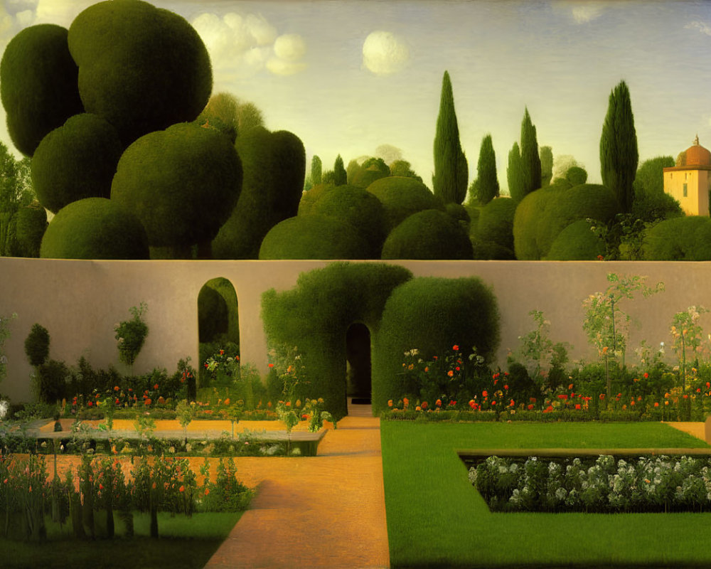 Symmetrical Italian garden oil painting at dusk