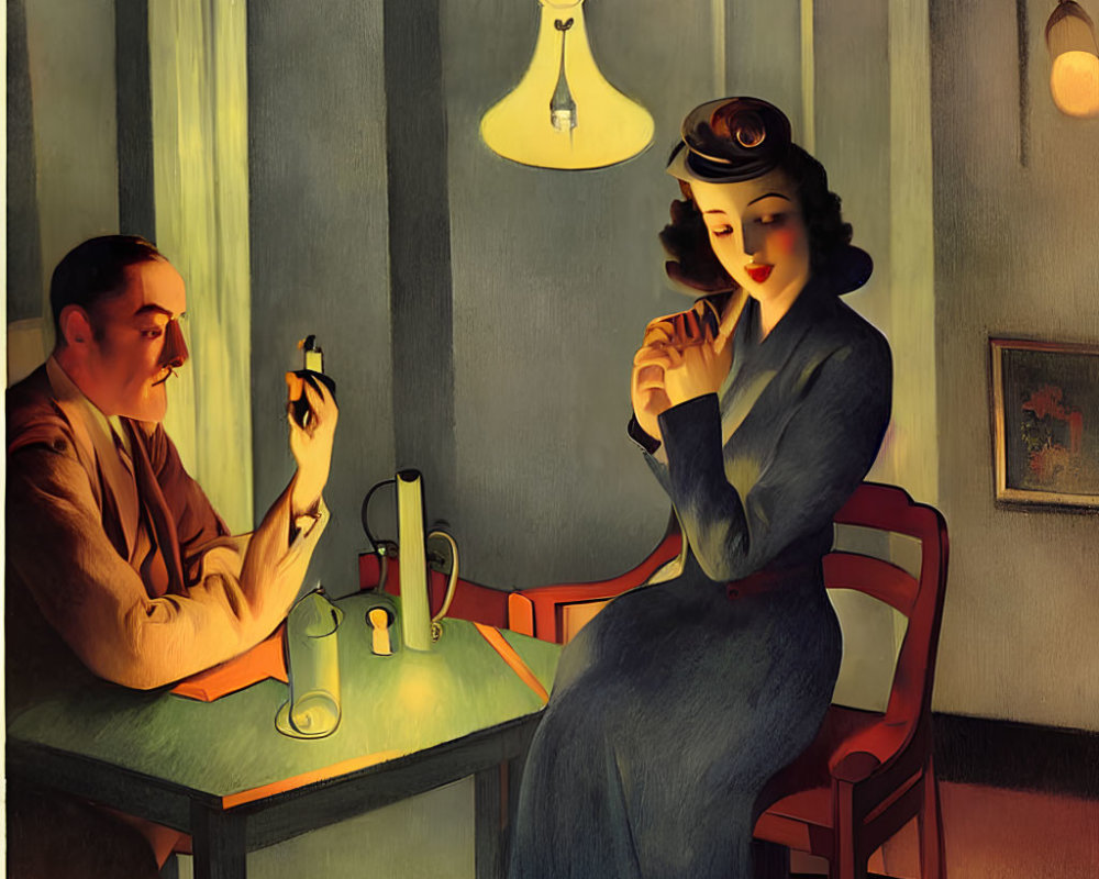 Stylized painting of man and woman at table with retro ambiance