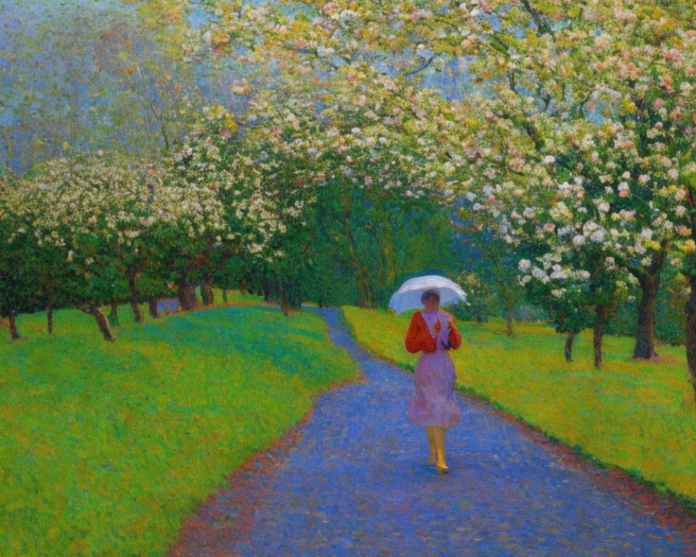 Woman with parasol strolling down tree-lined pathway in impressionist style