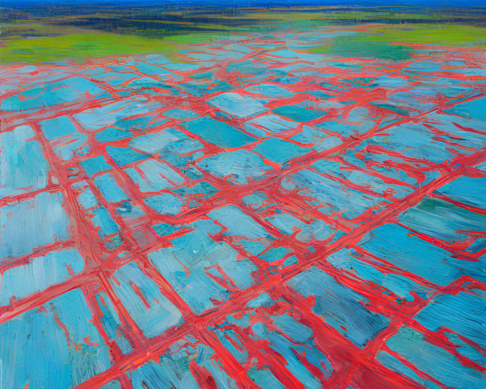 Grid pattern of red lines intersecting over blue patches in abstract painting