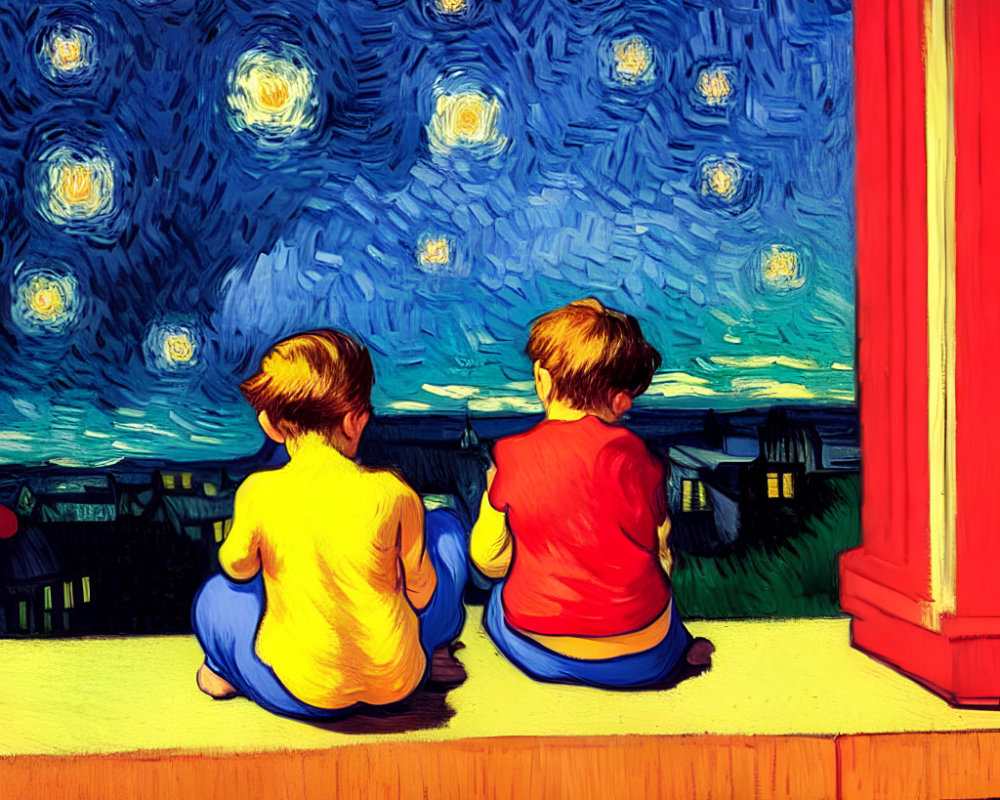 Children gazing at starry night sky with swirling pattern and red structure