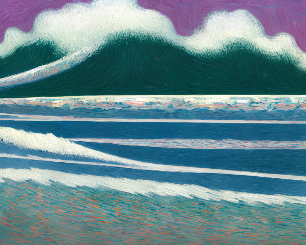 Stylized painting of green wave against purple sky