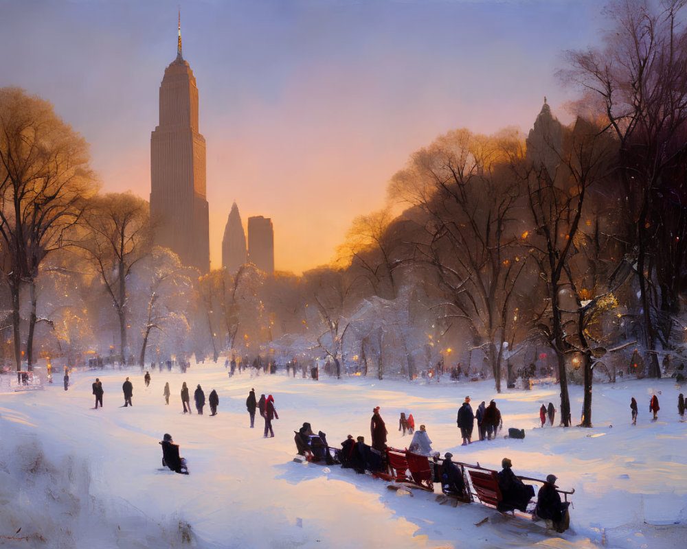 Snowy Park Scene at Dusk with People, Buildings, and Orange Sky