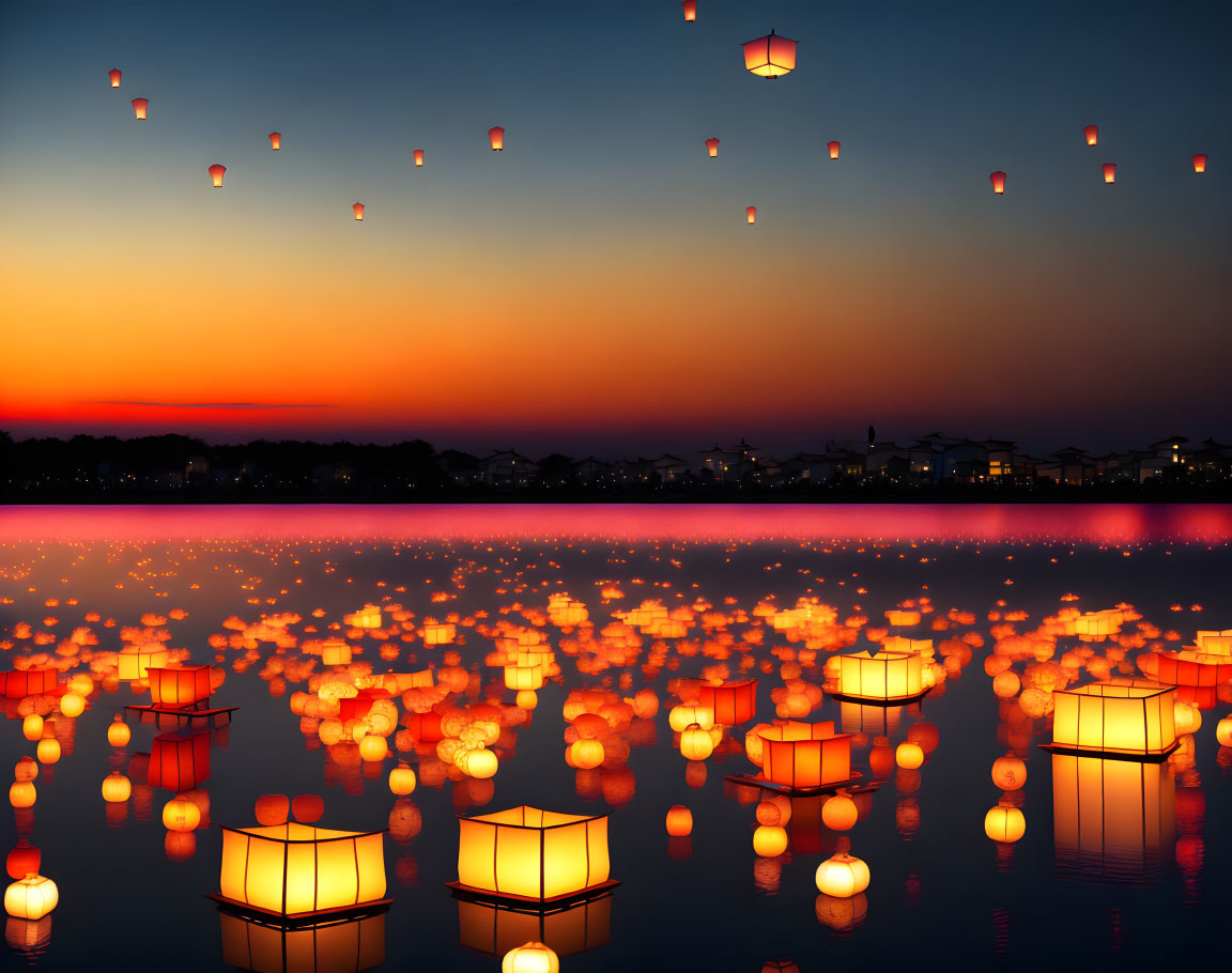 Tranquil twilight sky with floating lanterns and reflections on water