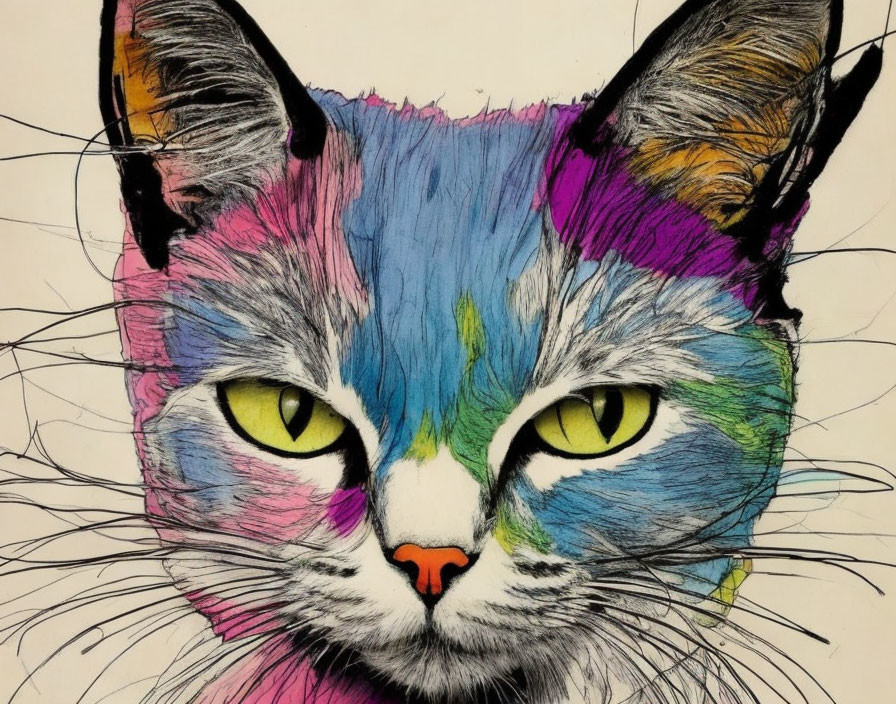 Colorful Cat Face Illustration with Vibrant Fur and Yellow Eyes