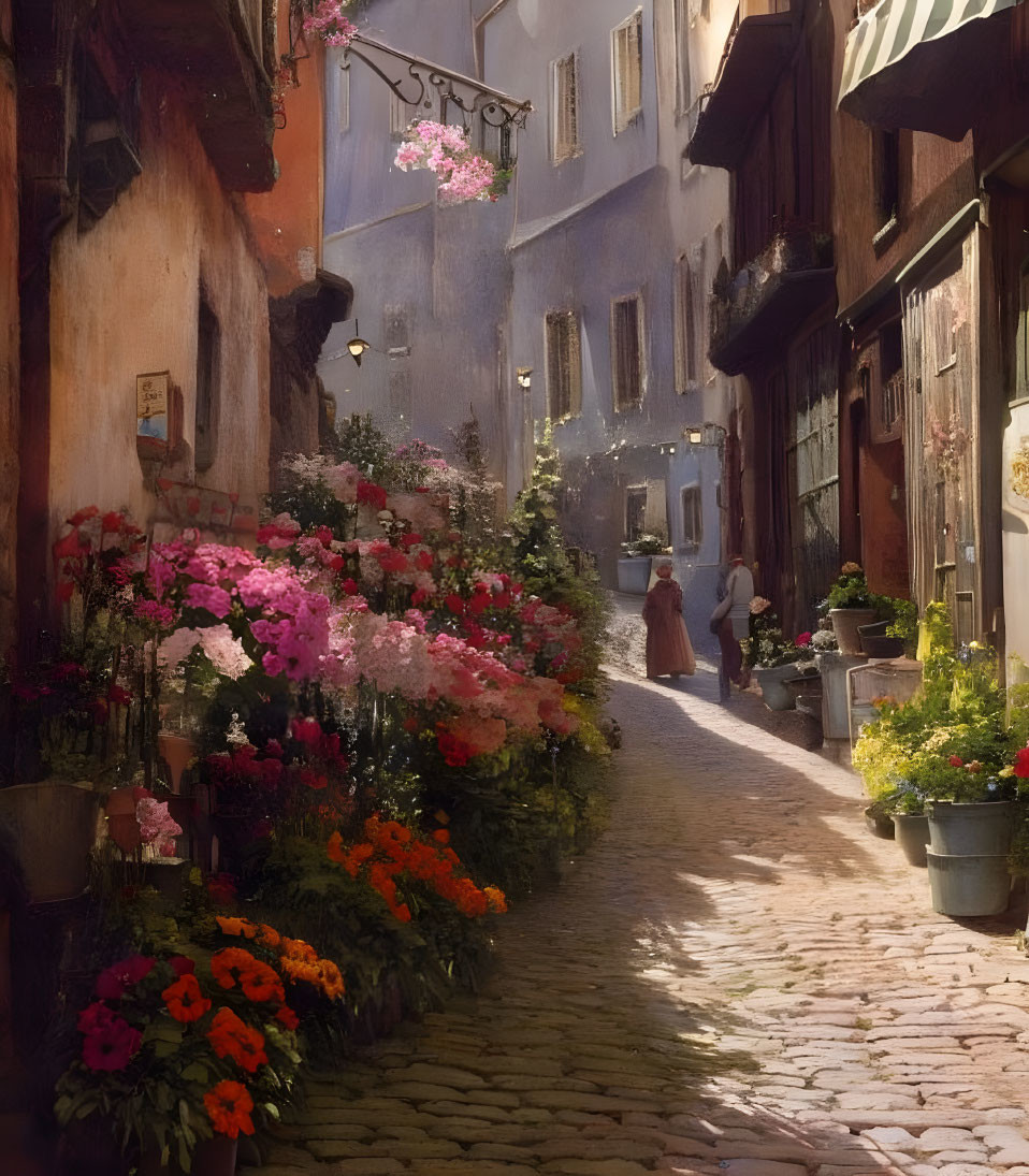 Colorful flowers and cobblestone street scene with person walking